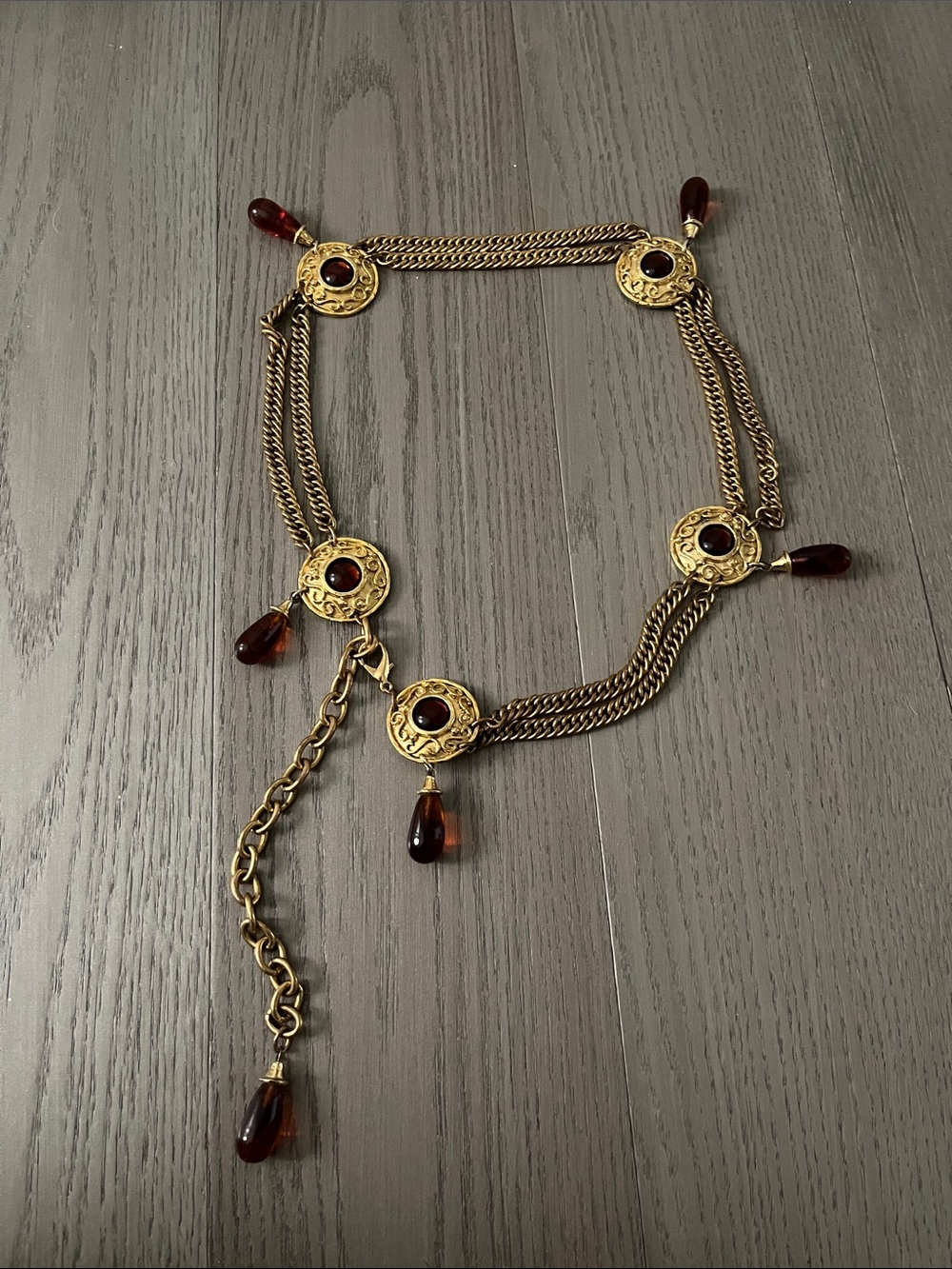 VINTAGE Edouard Ramboud Paris Gold-Tone Chain Belt with Amber-Red Drops